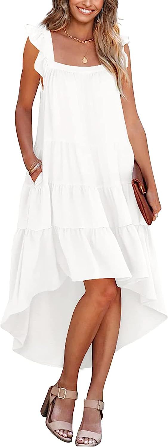 KIRUNDO Women 2023 Summer Sleeveless Ruffle High Low Square Neck Midi Dress Loose Fit Pleated Flo... | Amazon (US)