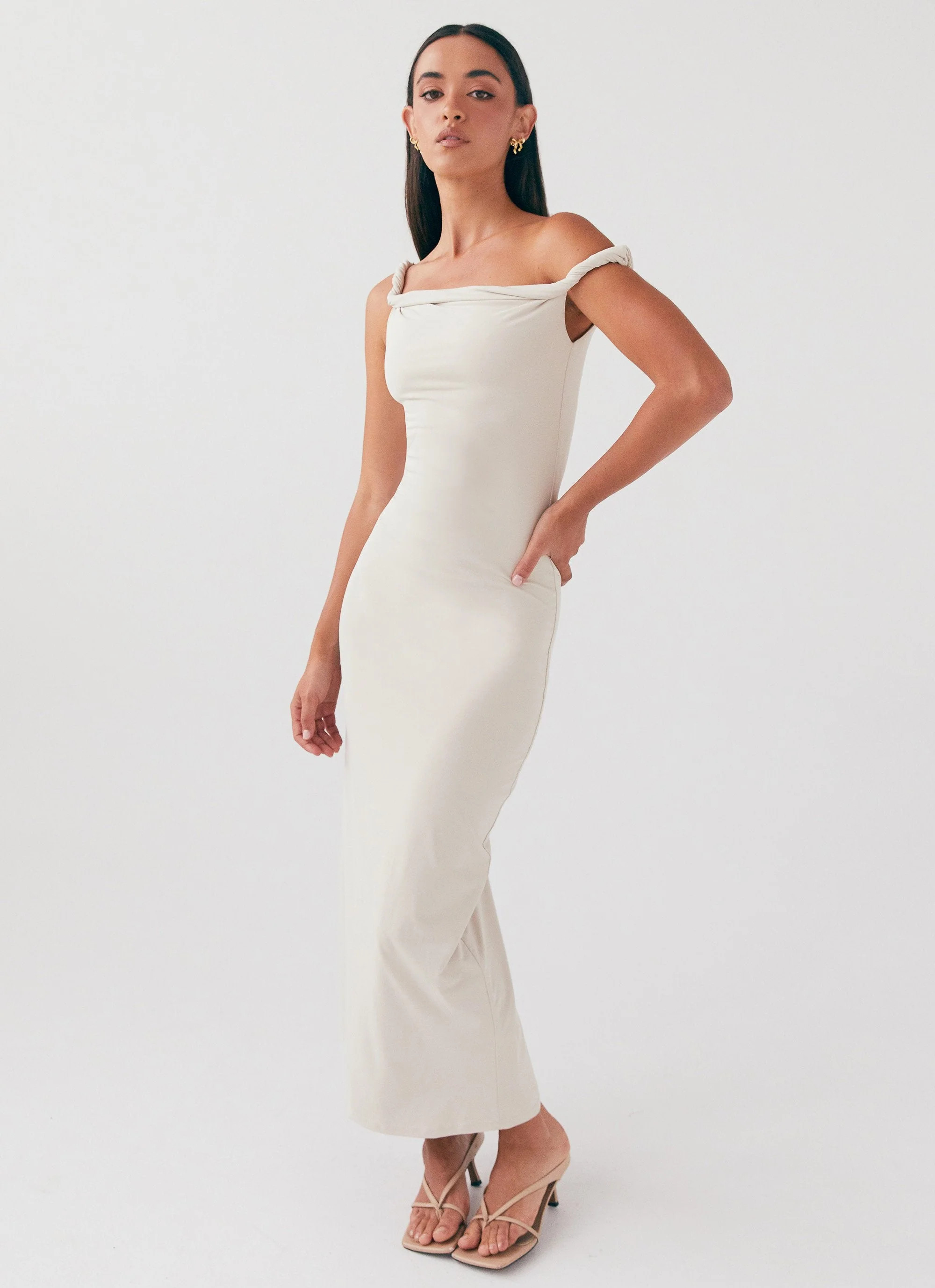 Arabella Twist Shoulder Maxi Dress - Beige | Peppermayo (Global)