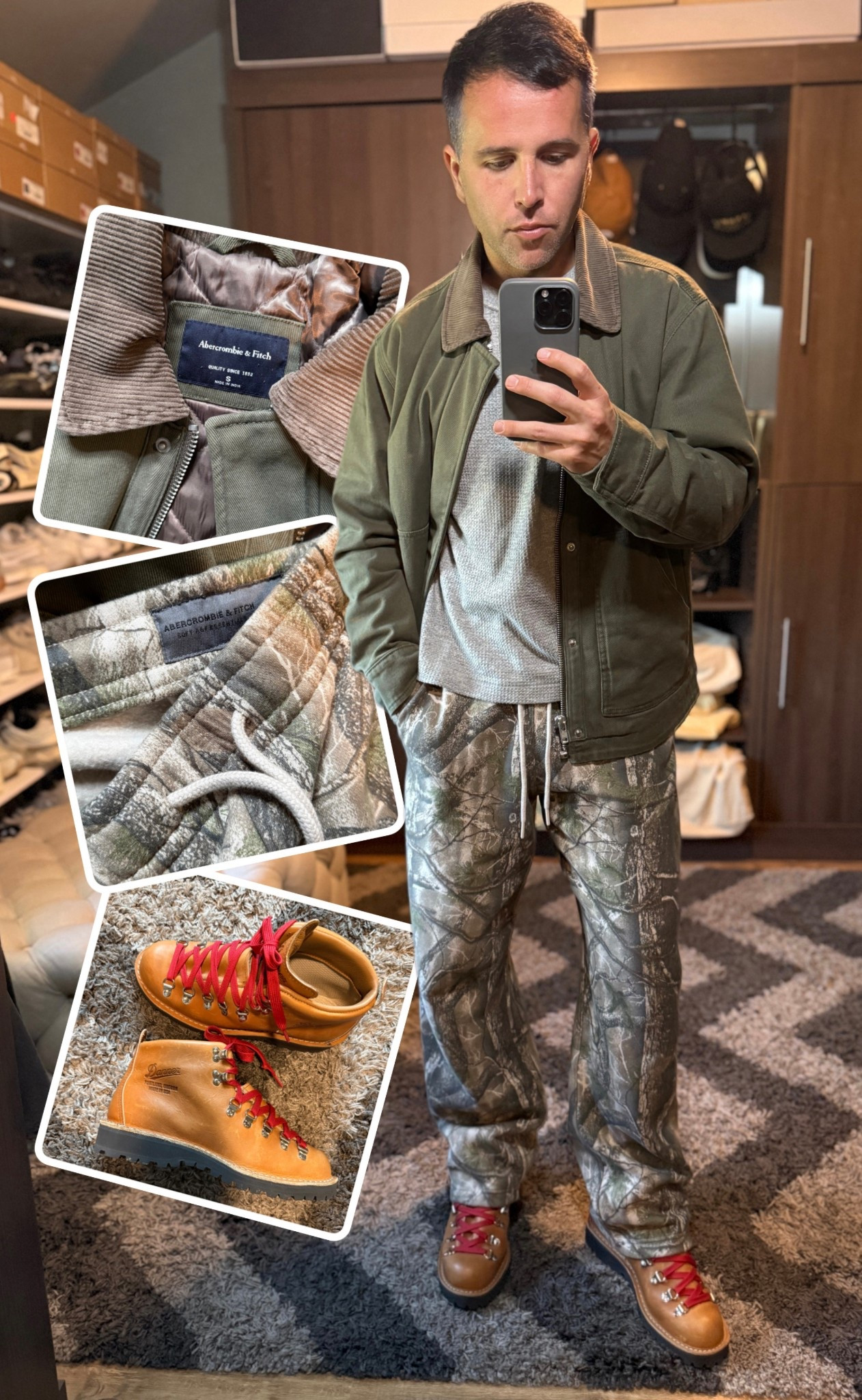 Men’s fall outfit idea.. Olive Abercrombie work jacket, Abercrombie Waffle knit tee
Abercrombie open hem baggy Camo sweatpants and Danner American made Leather hiking boots. Casual fall layering with a rugged touch. #outfitidea #danner #abercrombiemen #greenjacket 


#LTKSpringSale #LTKgrwm #LTKMens