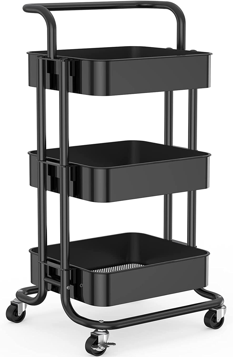 3 Tier Mesh Utility Cart, Rolling Metal Organization Cart with Handle and Lockable Wheels, Multif... | Amazon (US)