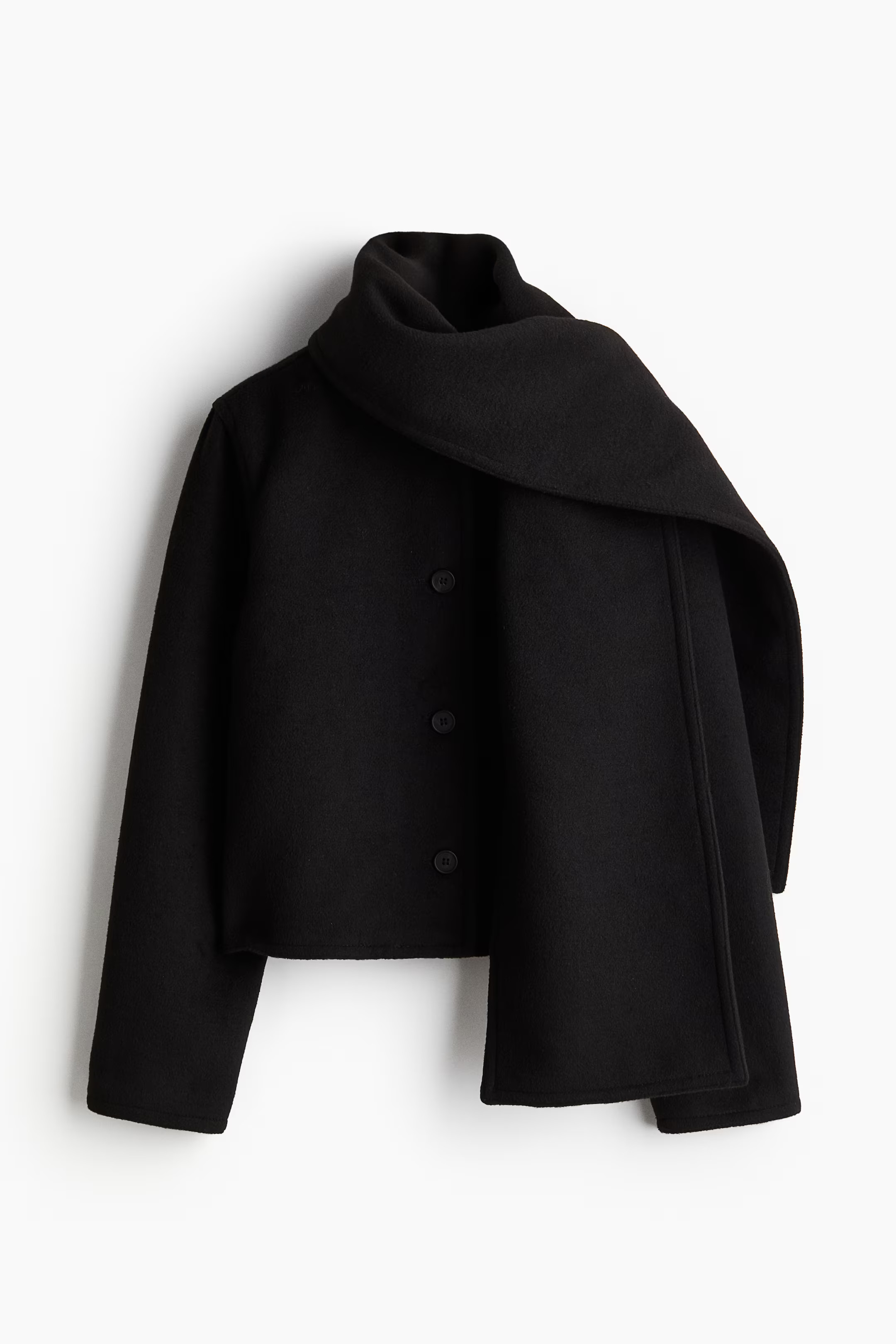 Felted jacket with scarf - Long sleeve - Short - Black - Ladies | H&M GB | H&M (UK, MY, IN, SG, PH, TW, HK)