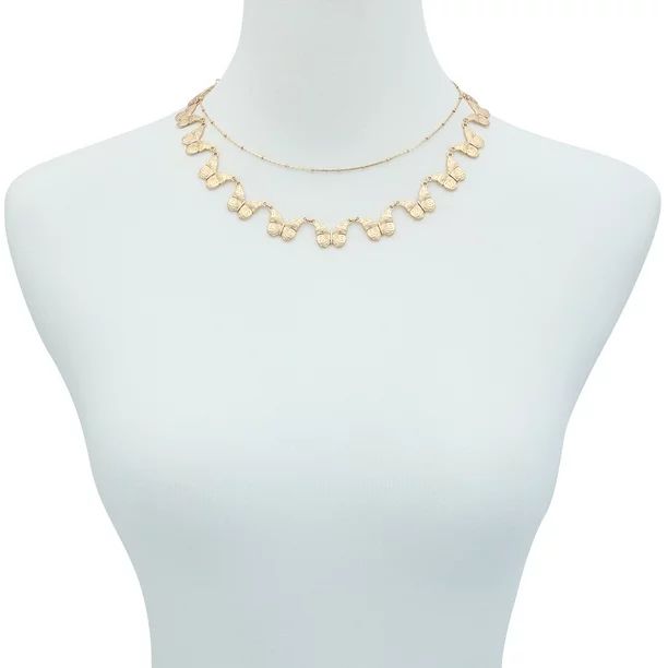 Time and Tru Women's Imitation Gold 16" and 18" Layered Butterfly and Chain Collar Necklace | Walmart (US)