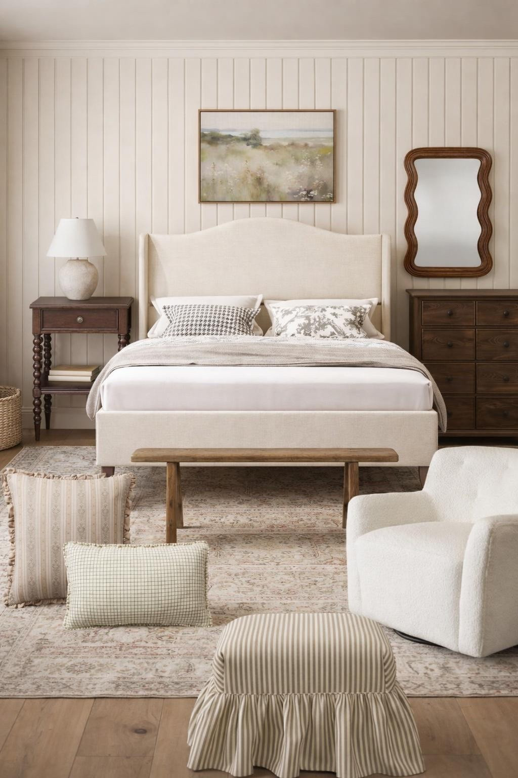 Affordable bedroom decor, get the look for less. Love the upholstered headboard. The curve detail is so good. The nightstands are so affordable and I love the vintage bench at the end of the bed too. 

 #LTKHome #LTKSaleAlert