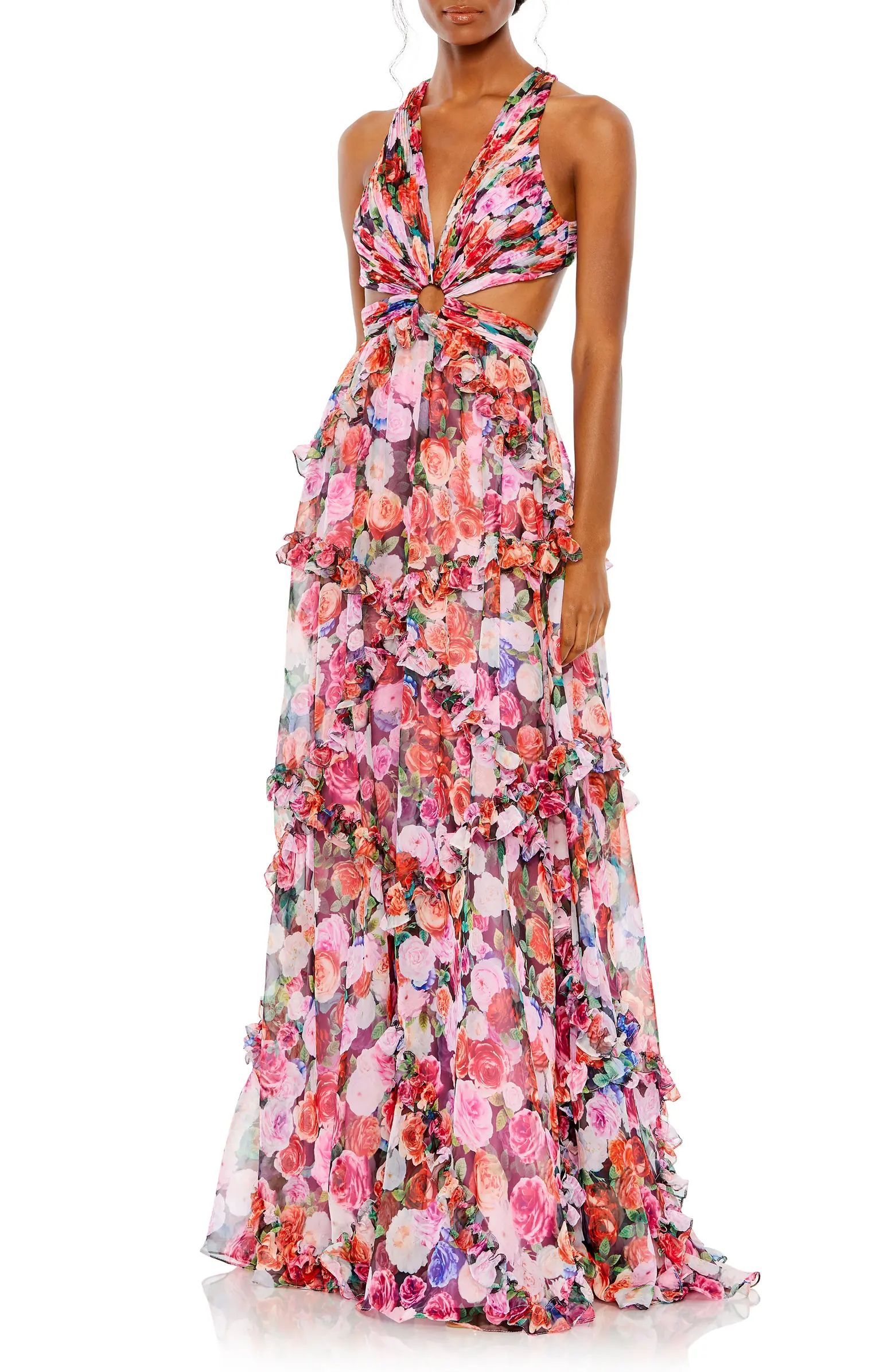 Mac Duggal Floral Print Ruffle Cutout Gown | Nordstrom | Nordstrom