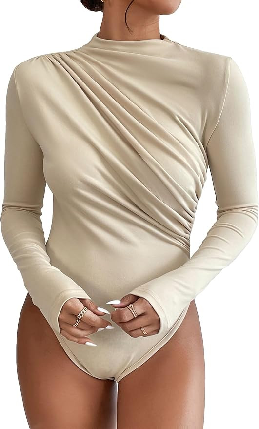 SweatyRocks Women's Bodysuit Mock Neck Casual Ruched Long Sleeve Jumpsuit | Amazon (US)
