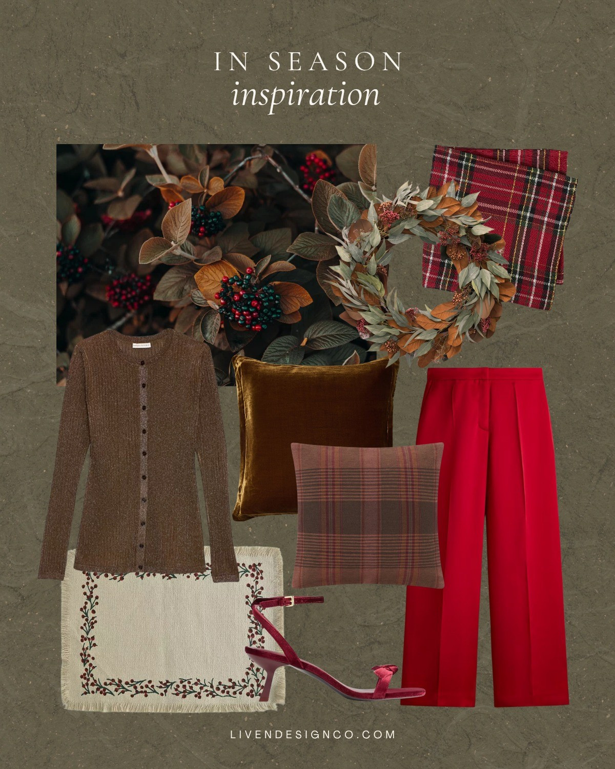 Christmas decor. Plaid napkins. Lurex sweater. Red pants. Velvet pillow. Plaid pillow. Holly and berry placemats. Christmas table linens. Magnolia leaf wreath. Red heels

#LTKHoliday #LTKSeasonal #LTKHome