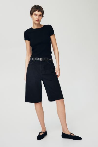 Bermuda Baggy High Denim Shorts - High waist - Knee-length - Black - Ladies | H&M US | H&M (US + CA)