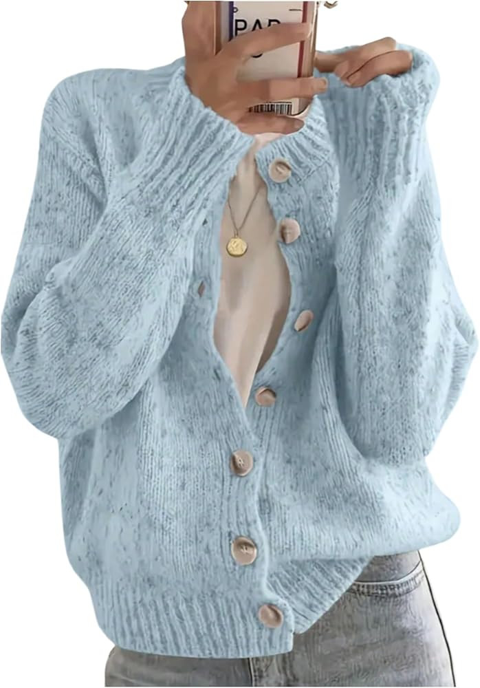 WDIRARA Women's Button Down Cardigan Sweaters Crewneck Long Sleeve Knit Outerwear Casual Knitwear | Amazon (US)