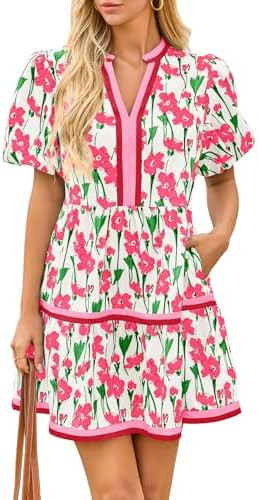 Cicy Bell Womens V Neck Floral Mini Dress Short Puff Sleeve Patchwork Summer Casual Boho Dresses | Amazon (US)