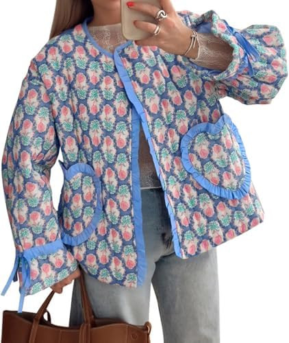 Tankaneo Womens Cropped Puffer Jacket Floral Print Open Front Quilted Jacket Bow Tie Heart Coat L... | Amazon (US)