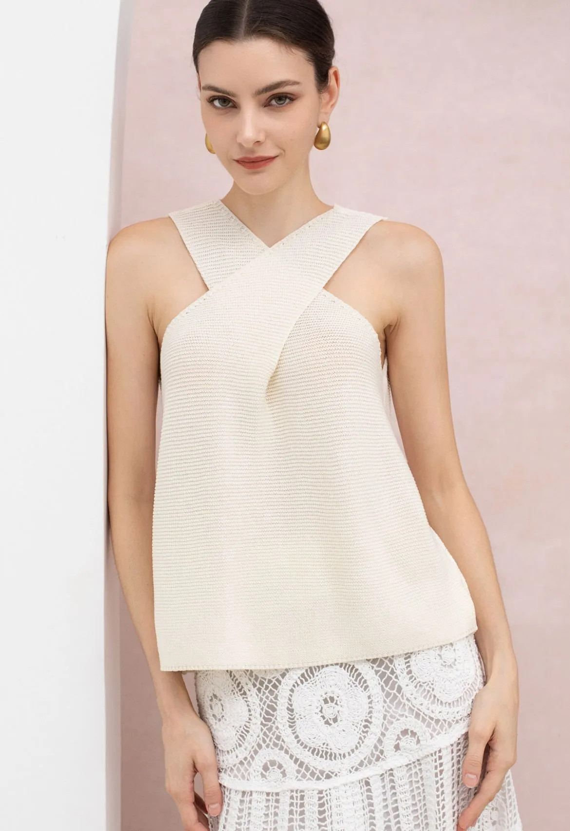 Crisscross Front Textured Knit Sleeveless Top in Ivory for Beach Vacations & Yacht Trips | Chicwish