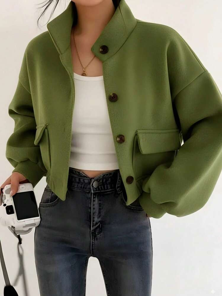 Plus Size Women's Casual Apricot Stand Collar Jacket, Women's Casual Outdoor Hem Cinched Jacket, Solid Woven Fabric With Pockets And Front Button Closure, Suitable For Daily, Travel, And Airport Wear, Autumn/Winter | SHEIN