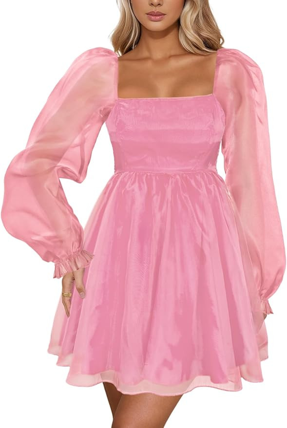 Women’s Floral Mini Dress Long Sleeve Square Neck Babydoll Casual A-Line Flowy Short Dress | Amazon (US)