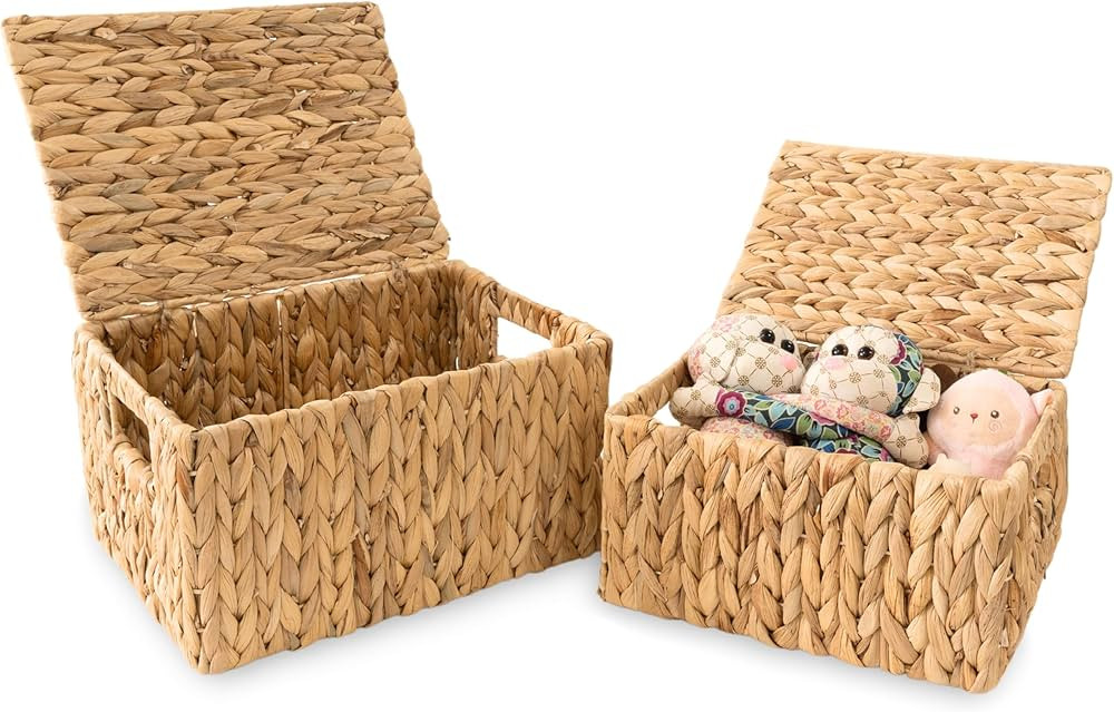 Wicker Storage Baskets with Lid, Set 2 Basket With Lid Decorative Storage Rectangle Wicker Storag... | Amazon (US)