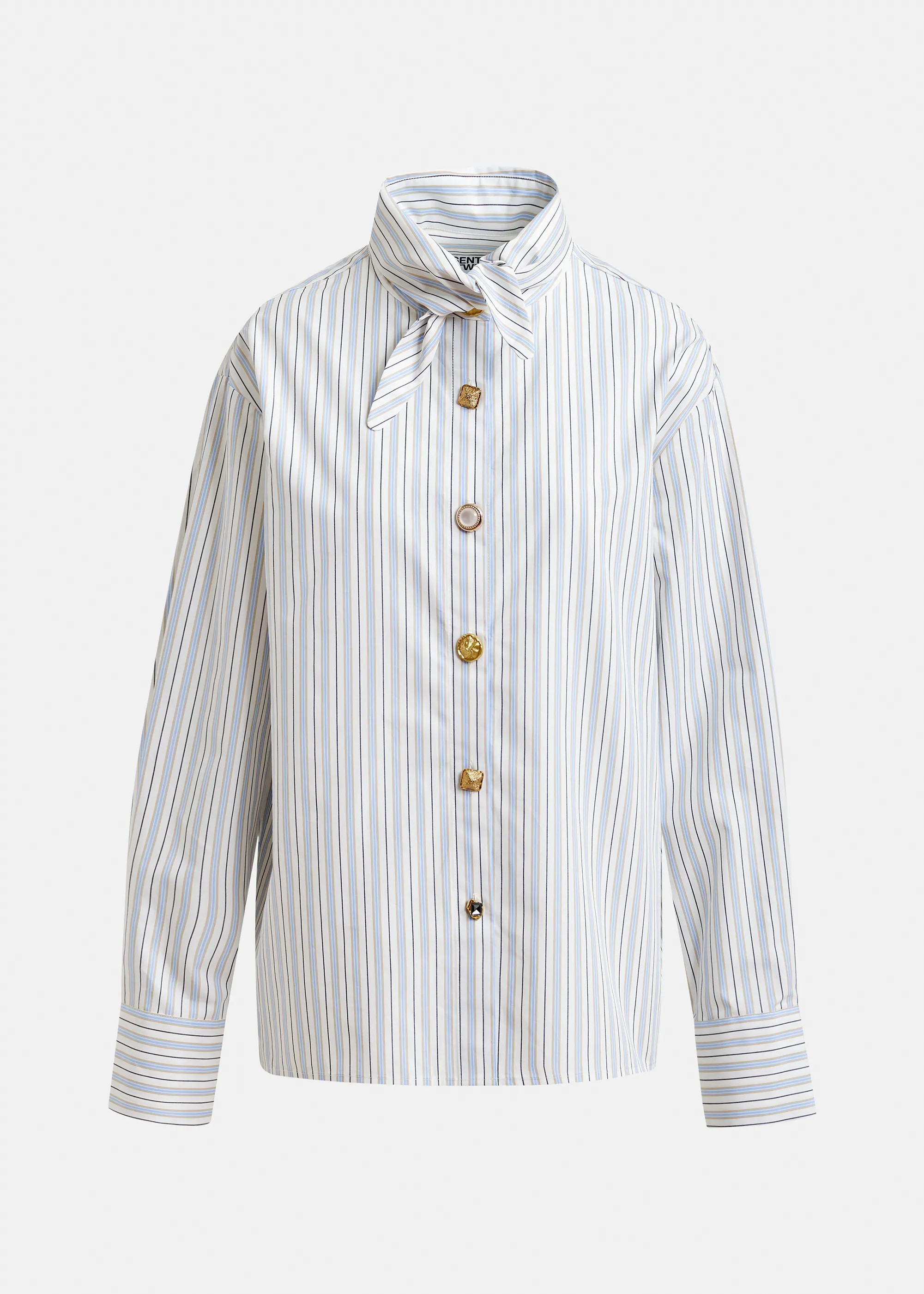Off-white, black and light blue striped cotton shirt with elongated collar and mismatched buttons... | Essentiel Antwerp