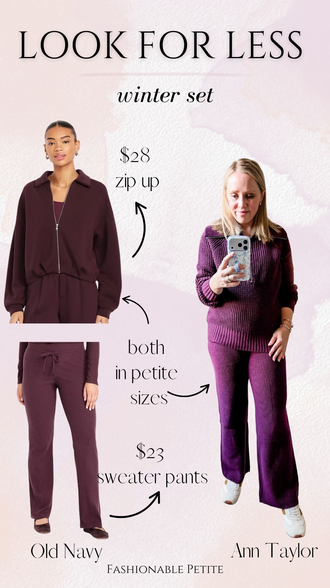 Plum colored set look for less! Both options come in petite sizes. Cozy and on sale! Wearing a small petite pant from Ann Taylor and xs quarter zip. 

Look for less, Black Friday, loungewear, petite, matching set, waffle knit  

#LTKCyberWeek #LTKSaleAlert #LTKPetite