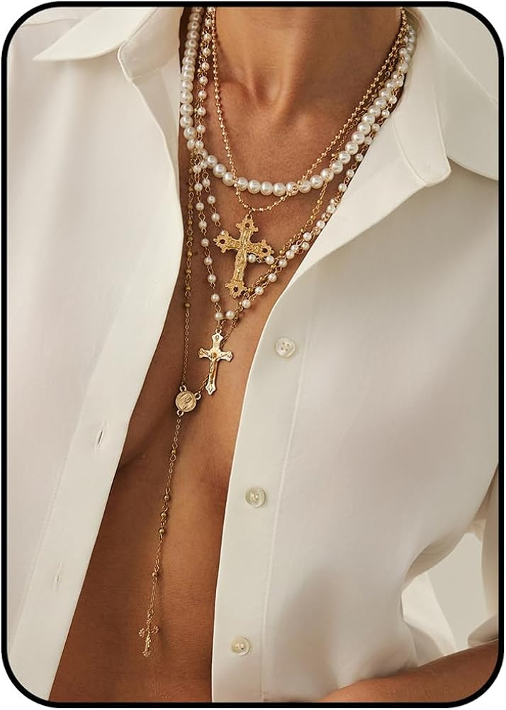 Silver Layered Cross Necklace Set For Women, 4Pcs Pearl Rosary Choker Chunky Christian Pendant Vi... | Amazon (US)