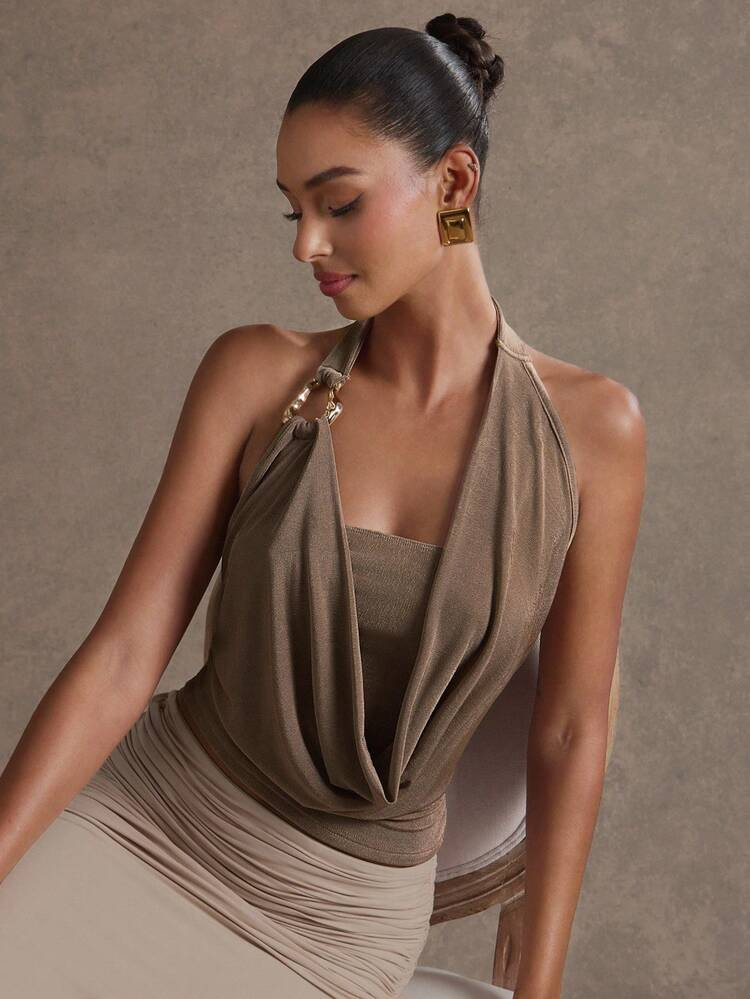Hauture Women's Plunging Neck Solid Color Metal Ring Linked Halter Top | SHEIN