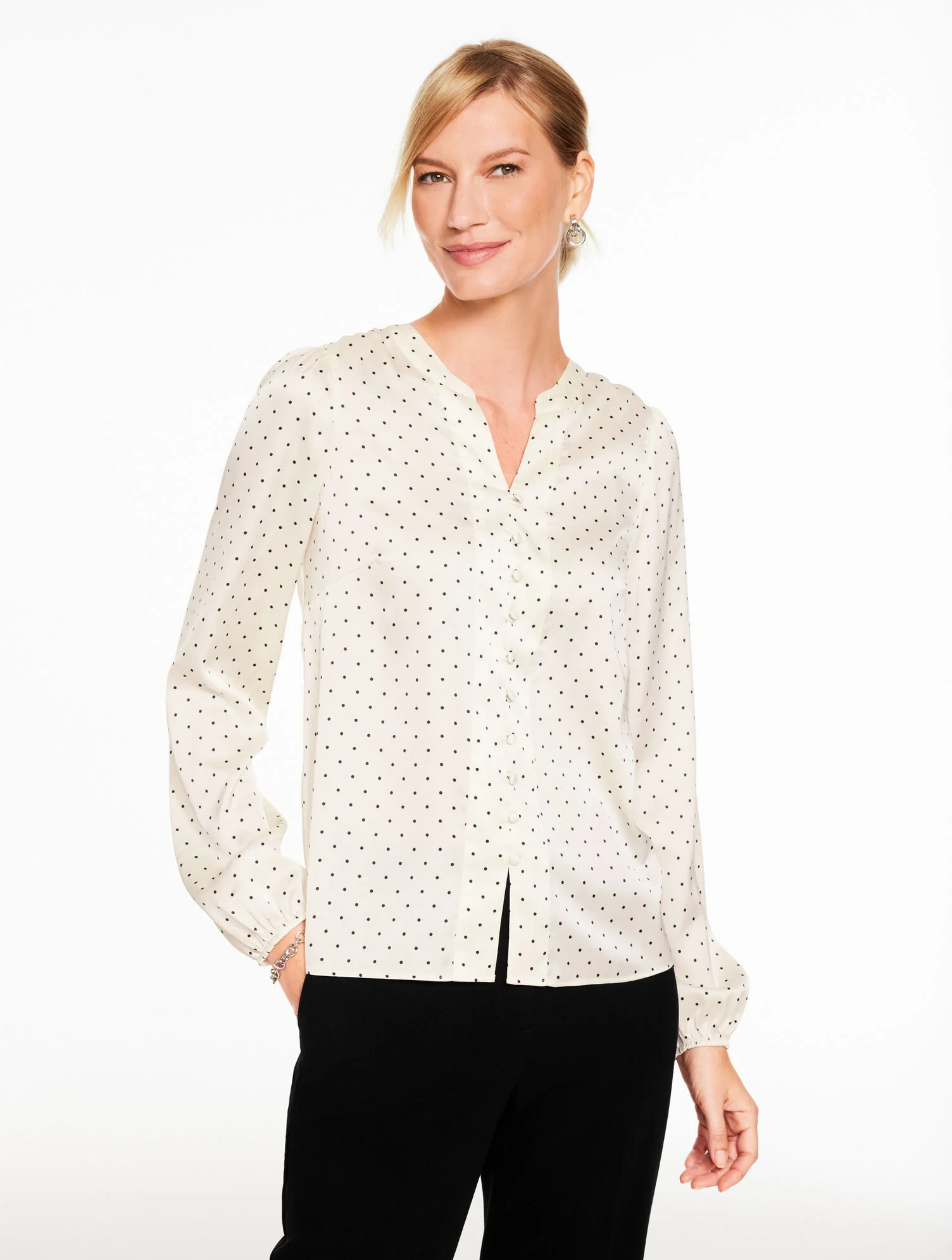 Band Collar Button Front Shirt - Luminous Dots | Talbots
