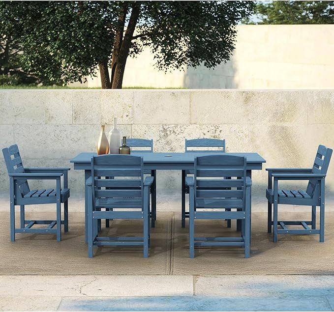 SERWALL 7-Piece Patio Dining Table Sets, Outdoor HDPE Dining Furniture Set with Umbrella Hole Cut... | Amazon (US)