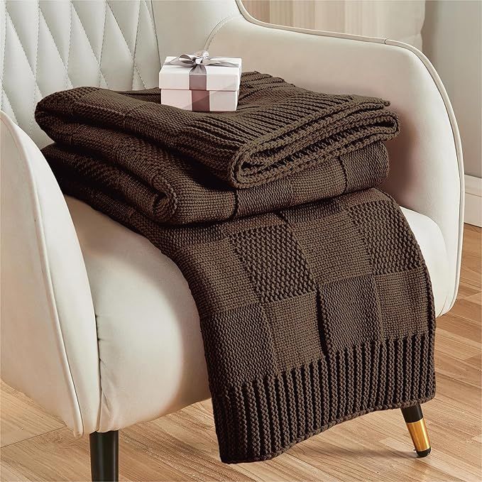 CozeCube Knit Throw Blanket, Brown Checkered Throw Blanket for Couch, Soft Cozy Warm Knitted Throw B | Amazon (US)