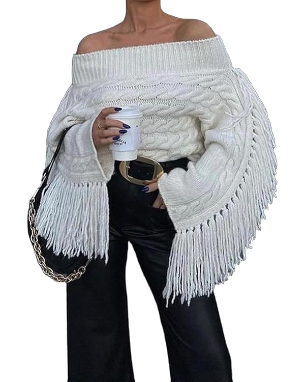 Unybwonn Women Off The Shoulder Fringe Cropped Sweater Long Sleeve Sexy Pullover Y2k Cute Streetw... | Amazon (US)