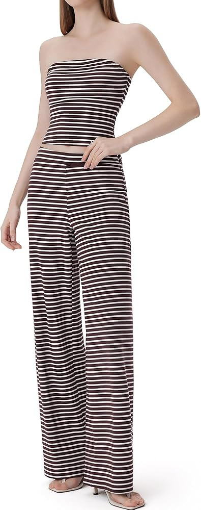 SUUKSESS Women 2 Piece Lounge Set Tube Top Wide Leg Pants Matching Sets Beach Vacation Outfits | Amazon (US)