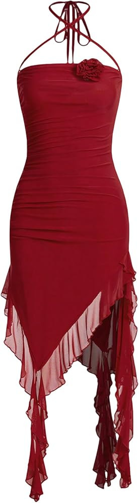 GORGLITTER Women's Ruffle Mesh Ruched Halter Bodycon Long Dress 3D Floral Tassel Backless Maxi Tu... | Amazon (US)