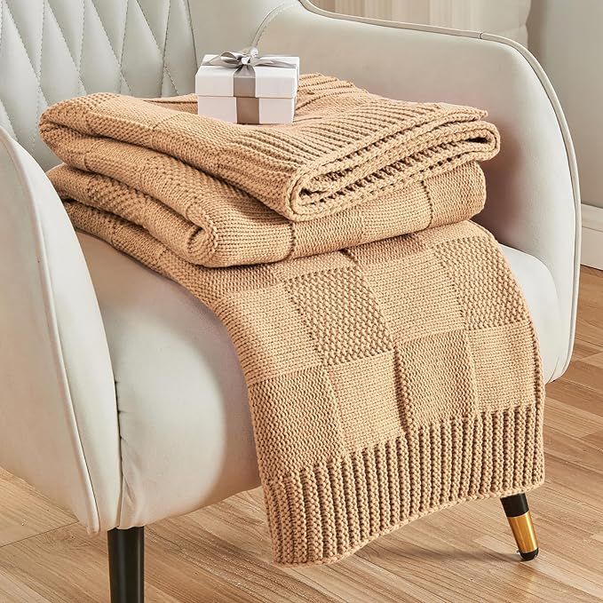 Knit Throw Blanket,Beige Checkered Throw Blanket for Couch,Soft Cozy Warm Knitted Throw Blanket f... | Amazon (US)