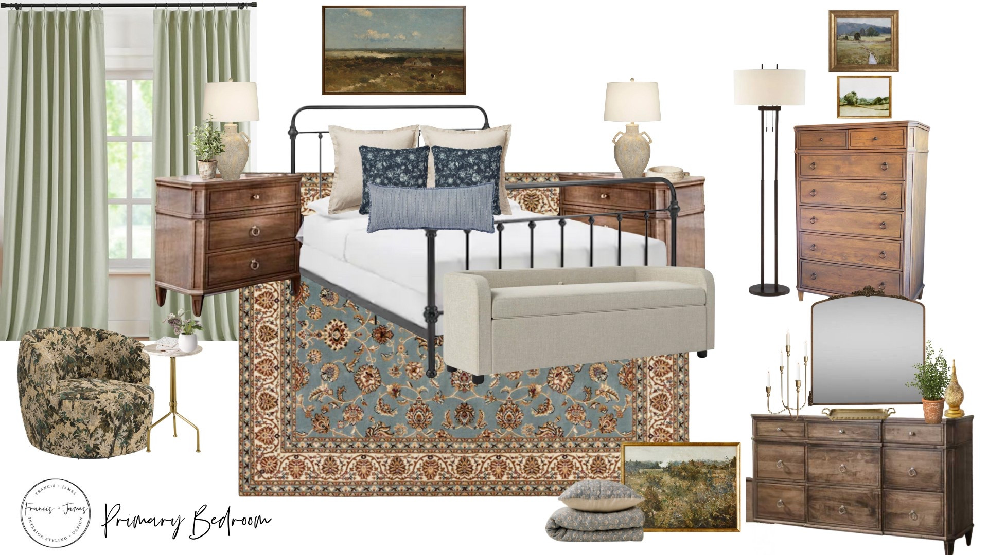Traditional primary bedroom, primary bedroom, farmhouse bed, oriental rug, rug, colorful
Rug, traditional decor, floral bedding, landscape art, Target, home refresh, faux plants, dresser decor, nightstand decor, floor lamp, antique mirror, sage curtains, affordable curtains, pinch pleat curtain, end of bed bench with storage, bench with storage, couch bench, floral bedding, layered bedding 

#LTKFamily #LTKFindsUnder100 #LTKHome
