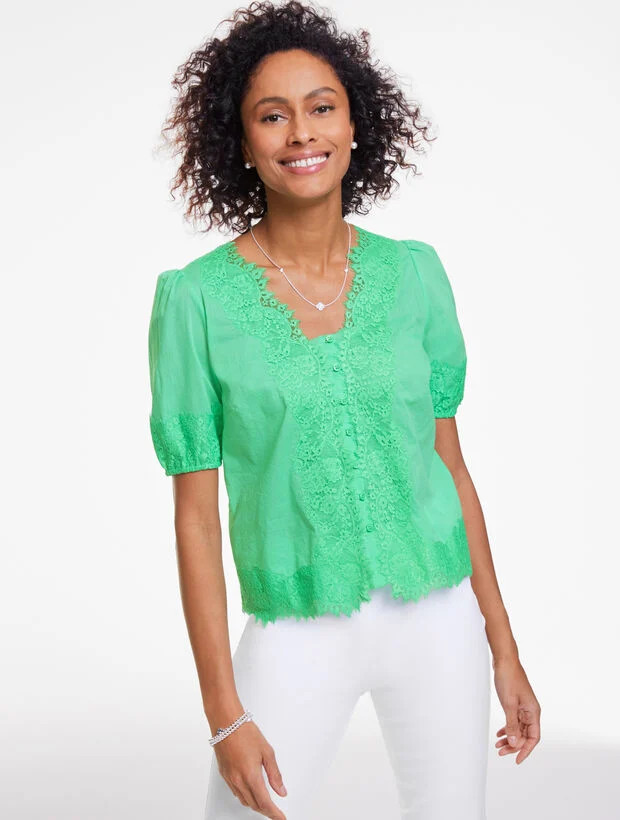 Lace Trim Voile Elbow Sleeve Top | Talbots