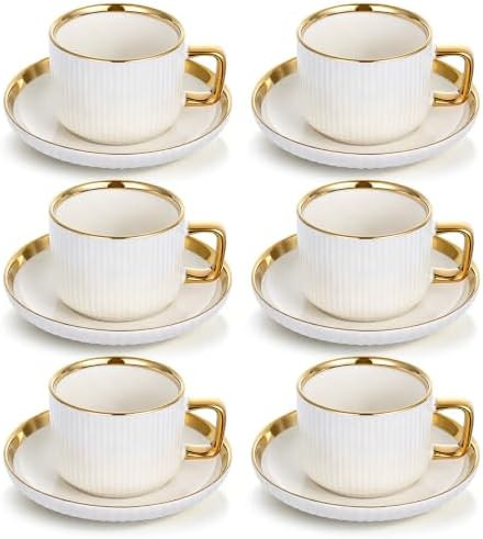 8.5oz Cappuccino Cups with Saucers Set of 6, Ceramic Coffee Cup and Saucer with Gold Rim, Vertica... | Amazon (US)
