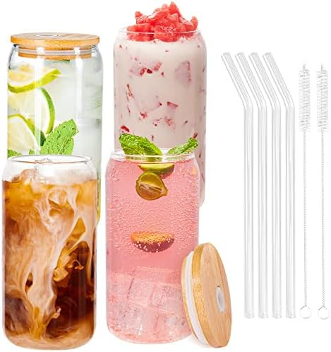 YSJILIDE Glass Cups with Bamboo Lids and Glass Straws 4 Set, 16oz Can Shaped Drinking Glass Cups,... | Amazon (US)