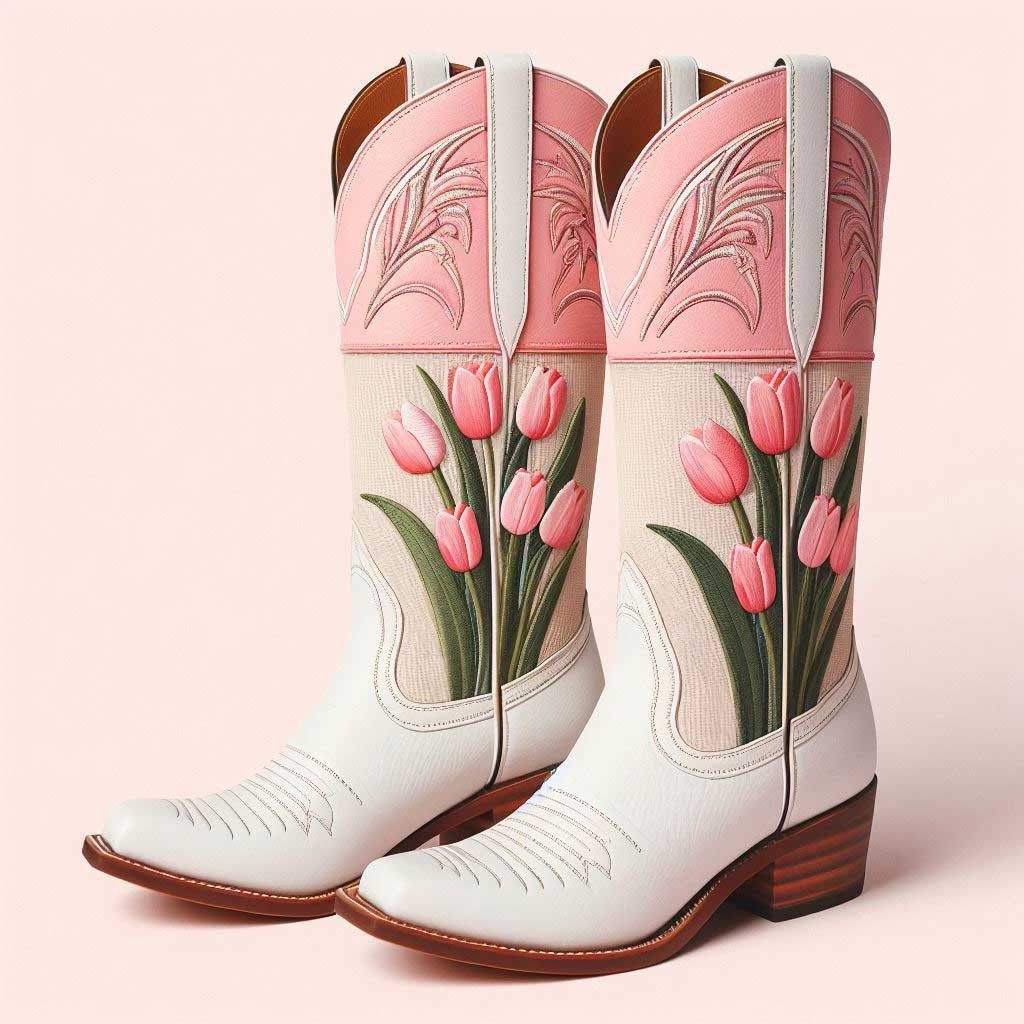 White & Pink Embroidered Chunky Heel Mid Calf Flower Cowboy Boots | FSJshoes