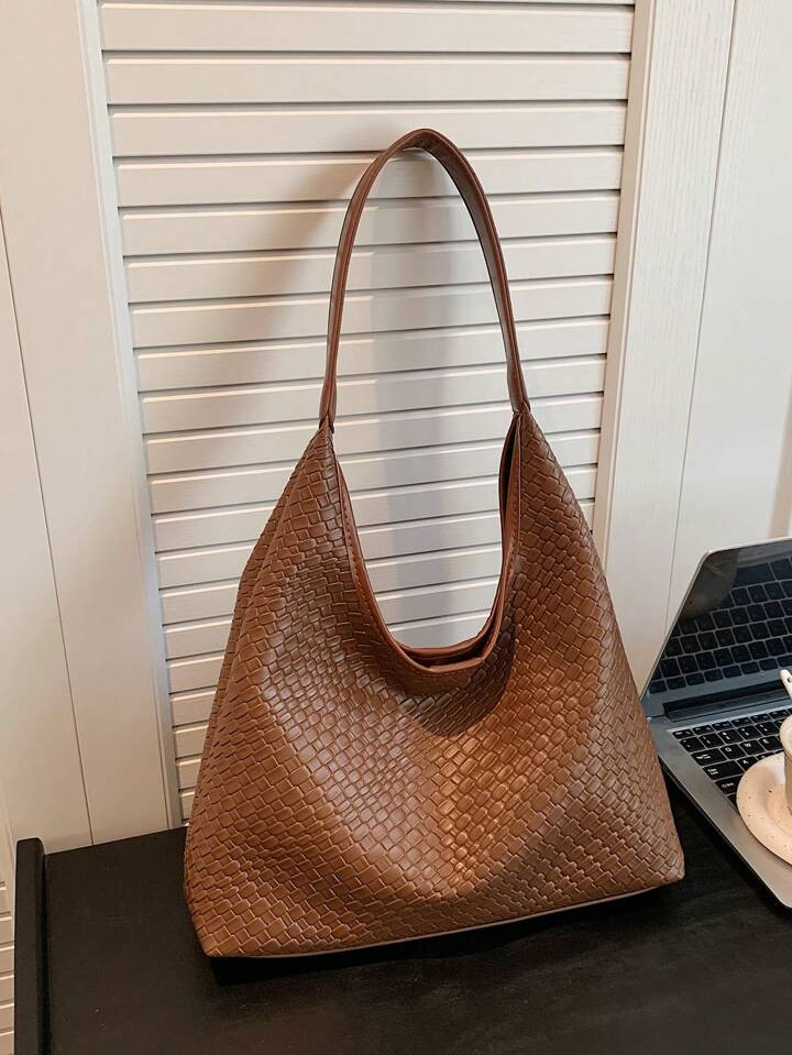 1pc Brown Solid Color Braided Pattern Decorated Pu Retro Design Simple Style Tote Bag With Magnet... | SHEIN
