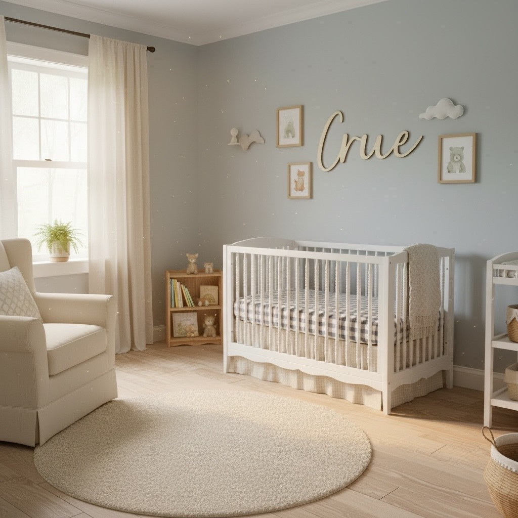 Soft neutral nursery dreams ☁️✨ This custom wood name sign is the perfect statement piece for a cozy, timeless baby room. I’m obsessed with the soft blue-gray walls, natural wood accents, creamy textures, and elevated minimalist style. The oversized script name sign adds such a beautiful personalized touch above the crib while still keeping the space calm and classic.

Perfect inspiration for:

* Baby boy nursery ideas
* Neutral nursery decor
* Personalized nursery name signs
* Modern organic nursery design
* Custom wood nursery names
* Minimalist baby room inspiration
* Soft aesthetic nursery decor
* Scandinavian nursery style
* Beige and blue nursery palette
* Baby room wall decor ideas

This layered laser cut wood name sign is lightweight, custom made, and designed to create a high-end designer nursery look without overwhelming the space. It pairs beautifully with boucle textures, natural wood furniture, soft linen curtains, and muted earthy tones.

Whether you’re designing a newborn nursery, updating a toddler room, or searching for baby shower gift ideas, a personalized wooden name sign instantly makes the room feel warm and meaningful 🤍

#nurserydecor #neutralnursery #babyroomdecor #nurseryinspo #customnamesign #woodnamesign #modernnursery #babyboynursery #girlnursery #minimalistnursery #organicmodern #nurserydesign #personalizeddecor #lasercrafted #woodsigns #babyroomideas #scandinaviannursery #ltkhome #ltkbaby #nurserystyling

#LTKmomlife #LTKBaby #LTKHome