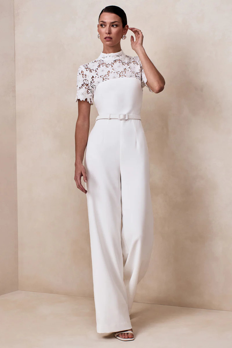 Liliana | White High-Neck Jumpsuit With Lace Detailing | Club L London