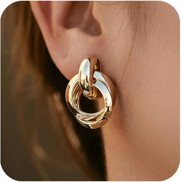 14K Gold Plated Chunky Gold Earrings for Women Knot Link Circle Geometric Drop Dangle Earrings St... | Amazon (US)