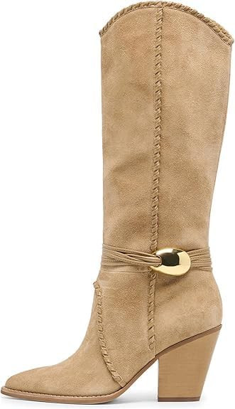 MAVMAX Knee High Boots Pointed Toe Chunky High Heels Long Boots Slip On with Strappy Detail in Da... | Amazon (US)
