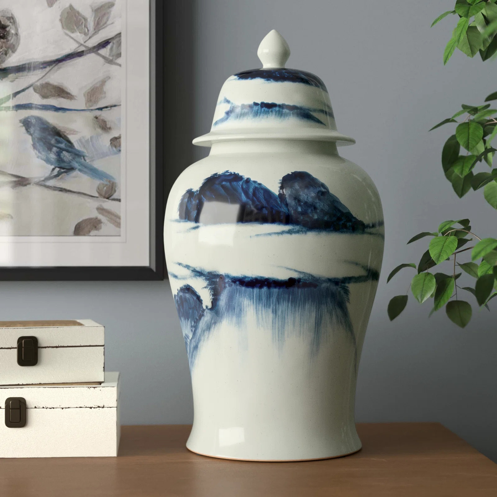 18” Blue and White Porcelain Ginger Jar, Decorative Lidded Vase with Abstract Landscape Pattern... | Wayfair North America