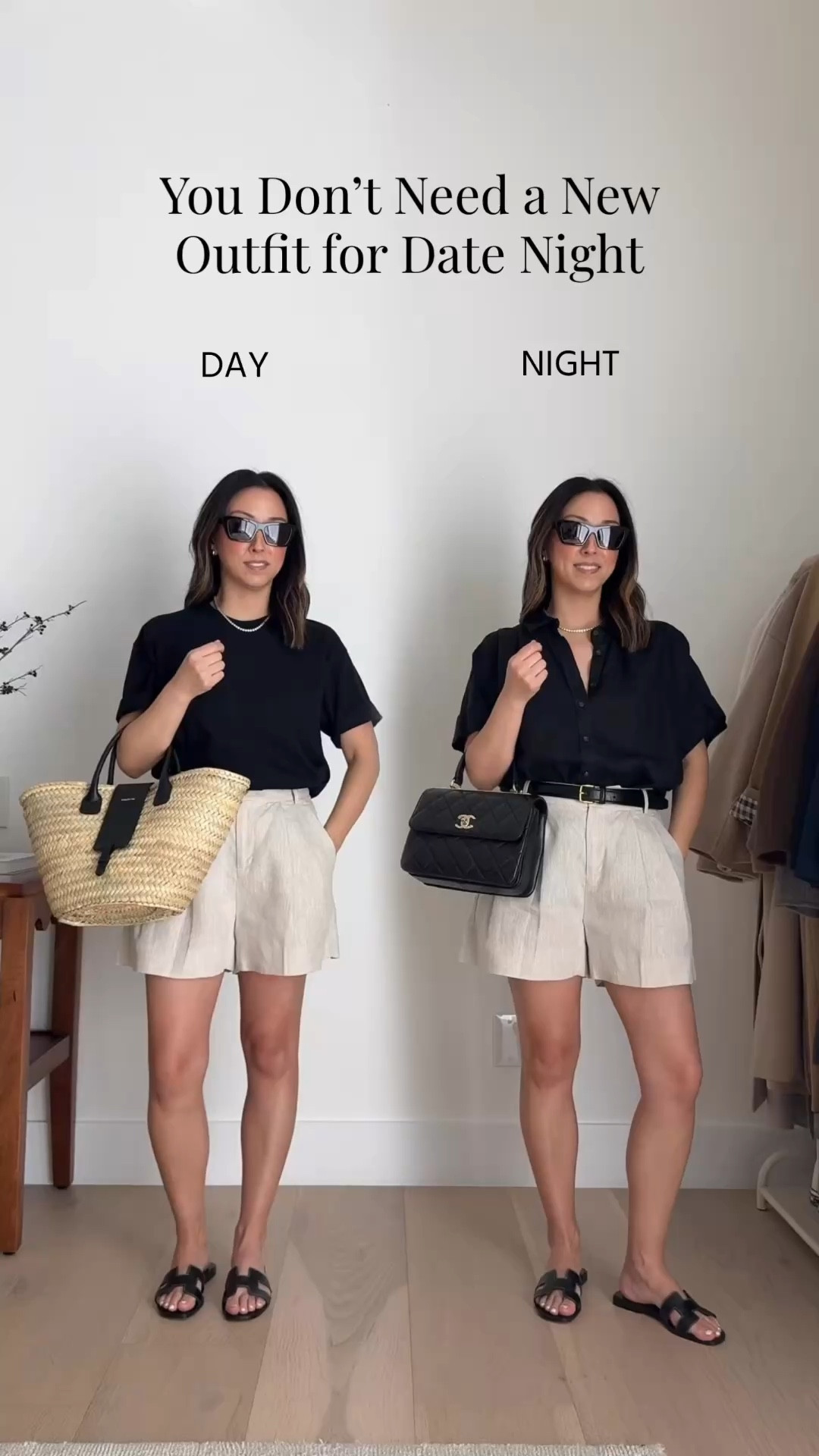 You don’t need a new outfit for date night. Showing you how to transition your day outfits to night. 

Look 1 

Madewell tee xs
Banana Republic shorts petite 0 - old, linked similar
Hermes Oran sandals 35

J.crew linen button down medium - old
Aritzia belt small
Chanel trendy cc small
YSL sunglasses 

Look 2
Free Assembly dress xs - old
Dragon Diffusion triple jump small
Tkee sandals 5
J.Crew cashmere sweater small
Clare V bag - old version
YSL sunglasses 
Quince earrings
Dorsey James necklace 15”

Look 3
Everlane high neck tank small -old
Zara shorts xs - old
Everlane sandals 5
Marea tote - sold out, linked similar
Madewell cardigan small - old
Hermes Oran sandals 35
J.crew mini woven bag - old 
Quince earrings
Dorsey James necklace 15”

#LTKPetite