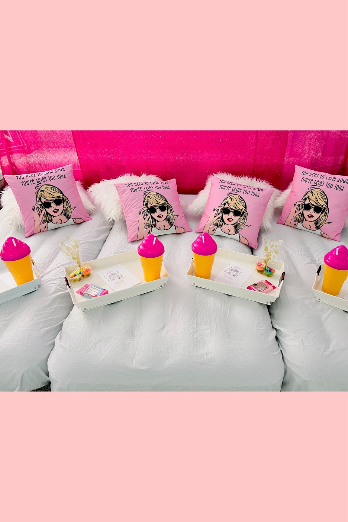 Taylor Swift Mini Sleepover

Deets:

• Hot Pink Sequin Backdrop - Amazon (and it’s actually 2 tablecloths! 😉)

• Taylor Swift Pillow Covers - Amazon

• White Fluffy Pillow Covers - Amazon

• Air Mattresses - Amazon

• Organic Cotton Twin XL Fitted Sheet - Amazon

• TS Blanket - Amazon

• Personalized TS Towel - Amazon

• Gold Microphone - Amazon

• PlayDoh - Amazon

• Personalized TS Coloring Book - Not Linkable

• Disney Princesses Press On Nails - Nails

• Stackable Crayons - Amazon

• Giant Ice Cream Tumbler - Amazon

• White Trays - Walmart

#LTKFamily #LTKParties #LTKKids