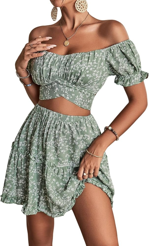 LYANER Women's 2 Piece Outfits Floral Off Shoulder Tie Up Crop Top and Mini Skirt Set | Amazon (US)