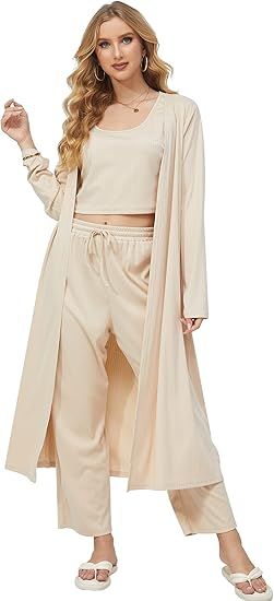 XULIKU 3 Piece Lounge Sets for Women Crop Top Wide Legs Pants Open Front Cardigan Soft Pajama Set... | Amazon (US)