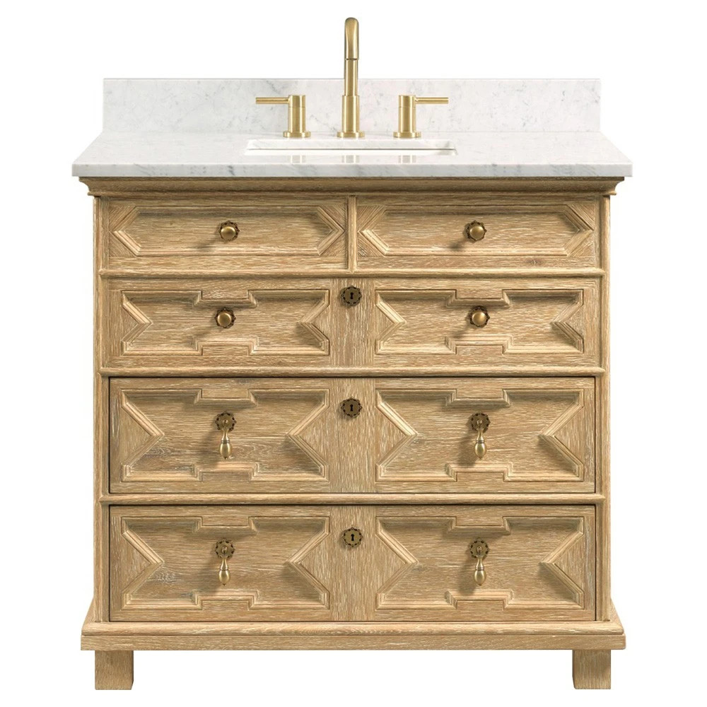 17th Century Updated Traditional White Marble Limewash Oak Wood Vanity Sink - 36" | Kathy Kuo Home
