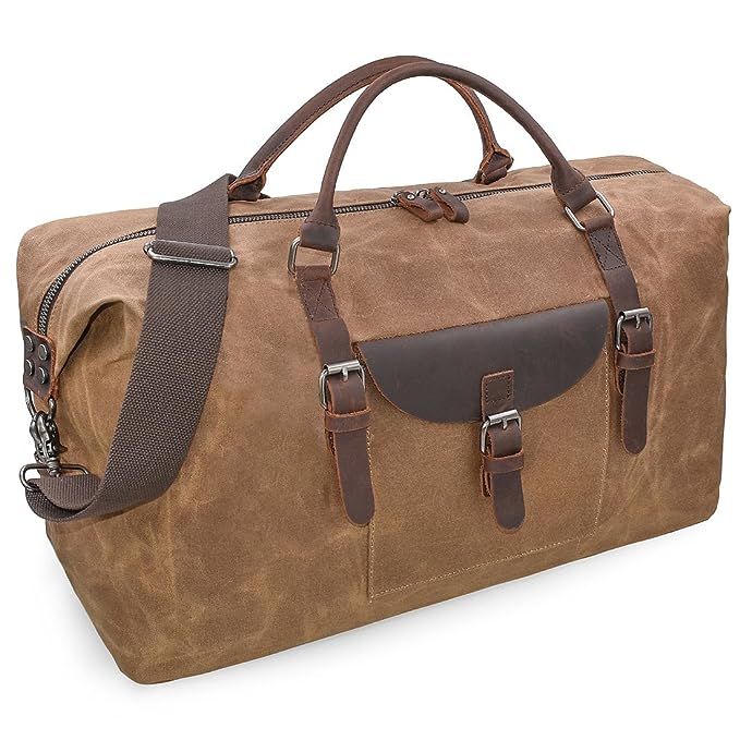 Oversized Travel Duffel Bag Waterproof Canvas Genuine Leather Weekend bag Weekender Overnight Car... | Amazon (US)