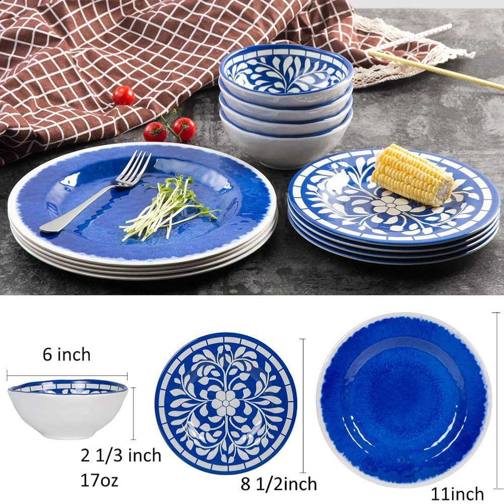 Melamine Dinnerware Set - 12 Pcs Dinner Dishes Set for 4, Plates and Bowls Set for Indoor & Outdo... | Amazon (US)