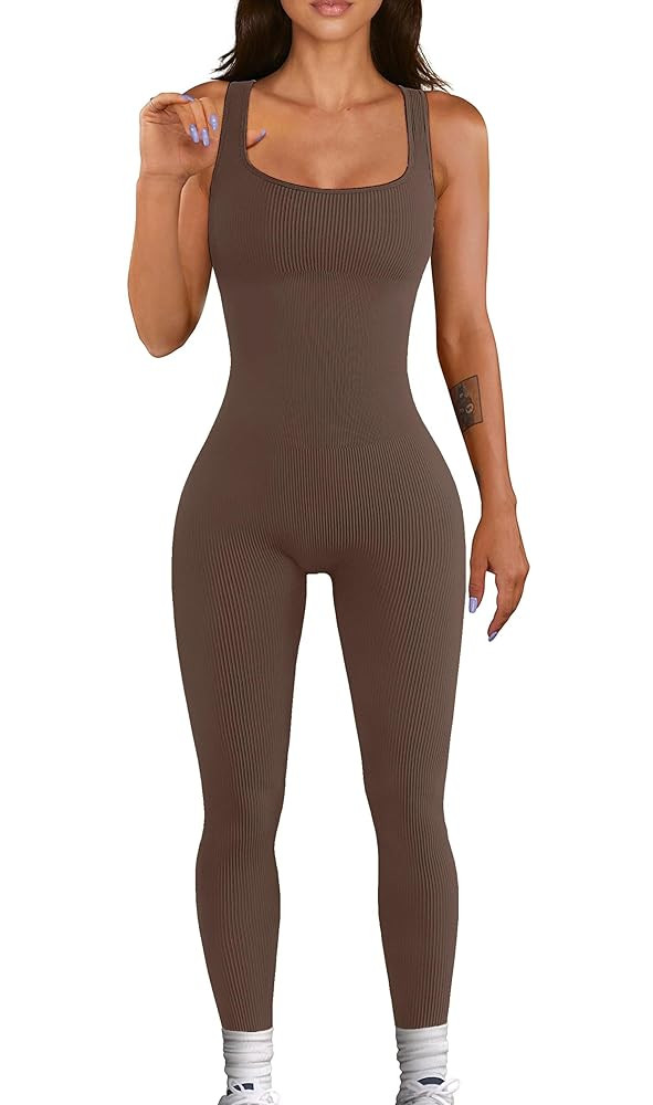 Women Workout Seamless Jumpsuit Yoga Ribbed Bodycon One Piece Tank Top Leggings Romper | Amazon (US)