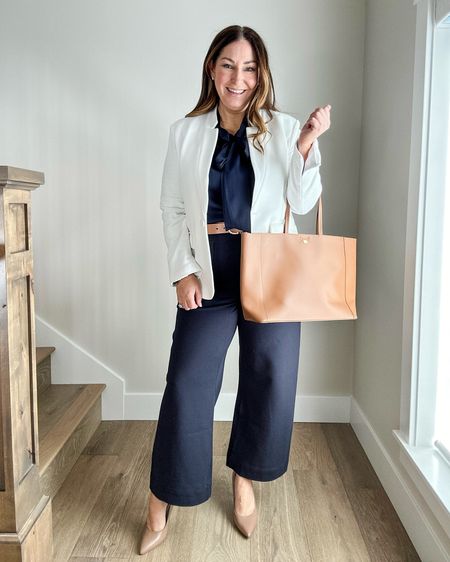 Spring Casual Workwear | Wearing navy cropped flare pants in 12 but are higher rise // bow blouse tts, L has stretch!! Blazer tts, L use code RYANNE10 

Spring workwear, quince, affordable workwear, Evereve, size 12, size 14 

#LTKSeasonal #LTKmidsize #LTKworkwear