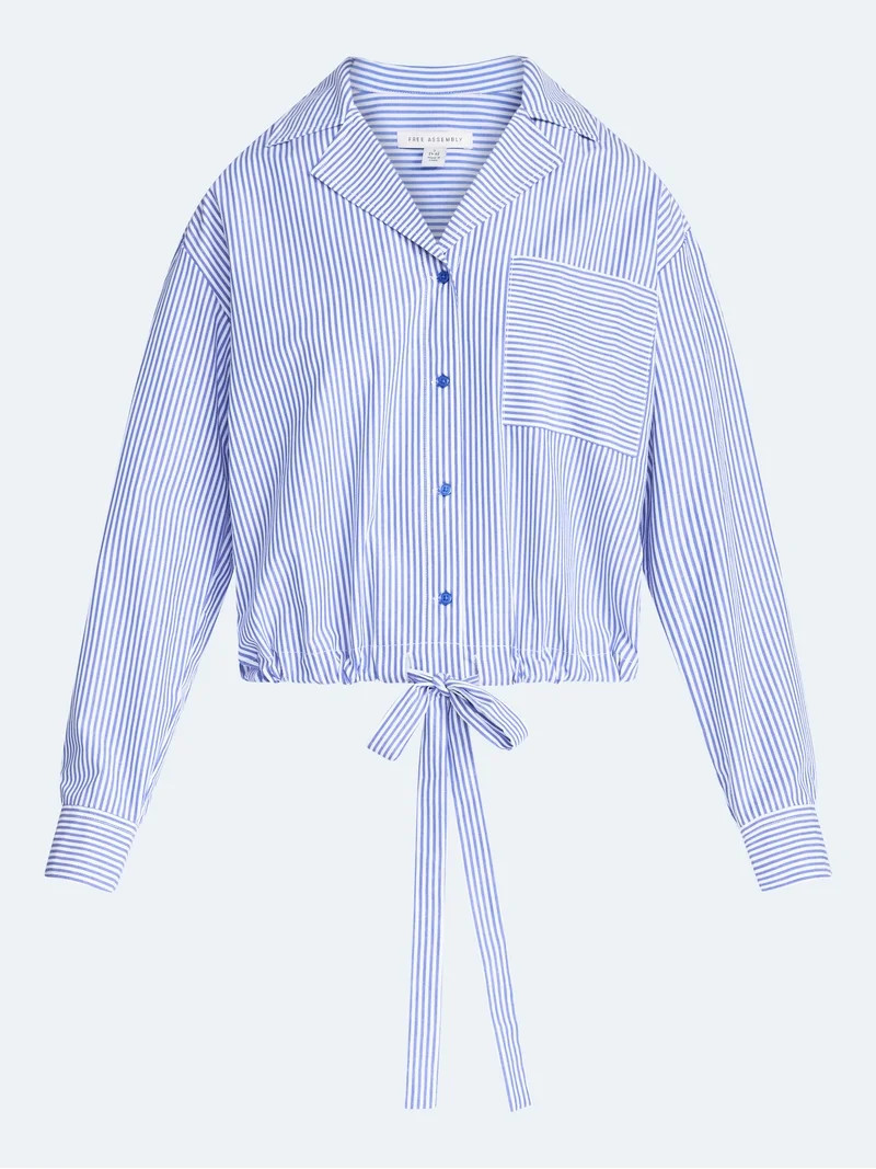 Free Assembly Women's and Women's Plus Cotton Poplin Tie Waist Shirt with Long Sleeves, Sizes XS-... | Walmart (US)